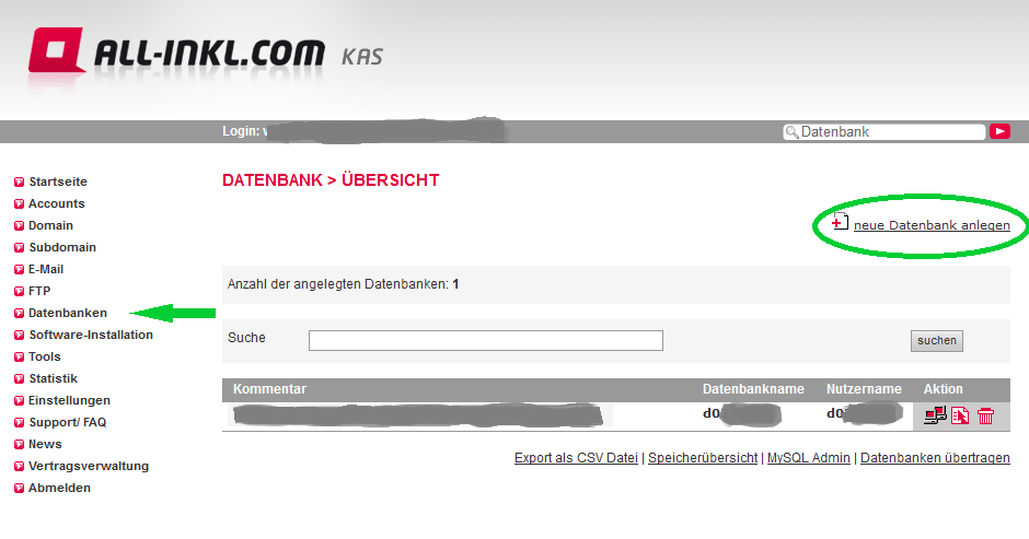 Datenbank füe WordPress anlegen