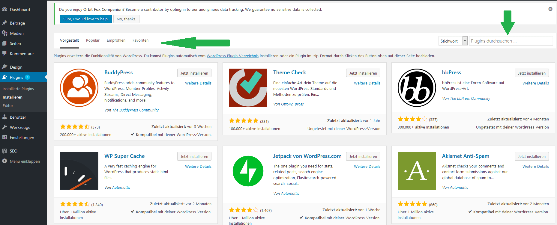 WordPress Plugins installieren. Filter und Suche
