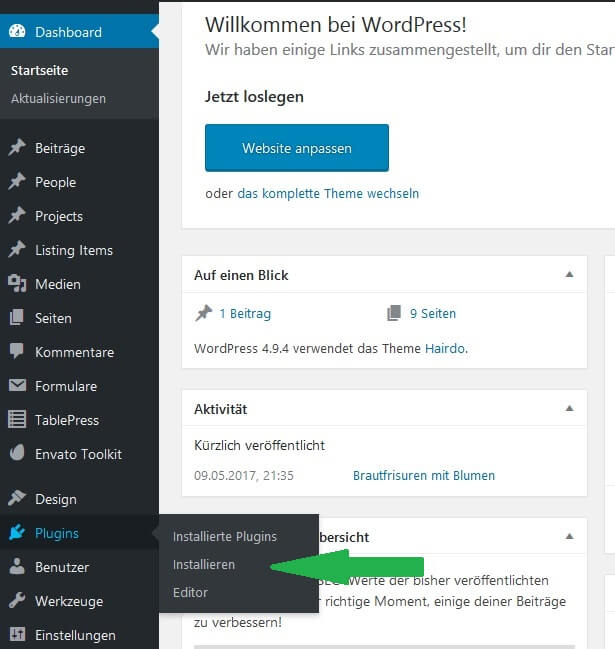 WordPress Plugins installieren. Menü