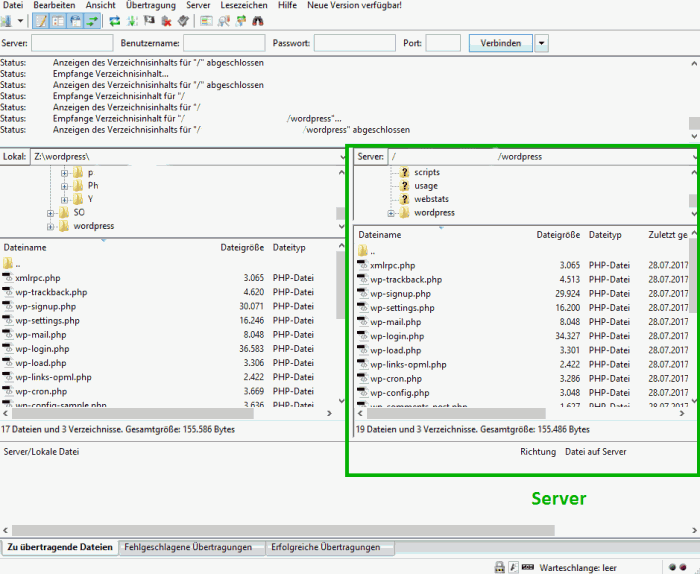 FileZilla einrichten -Verzeichnisansicht