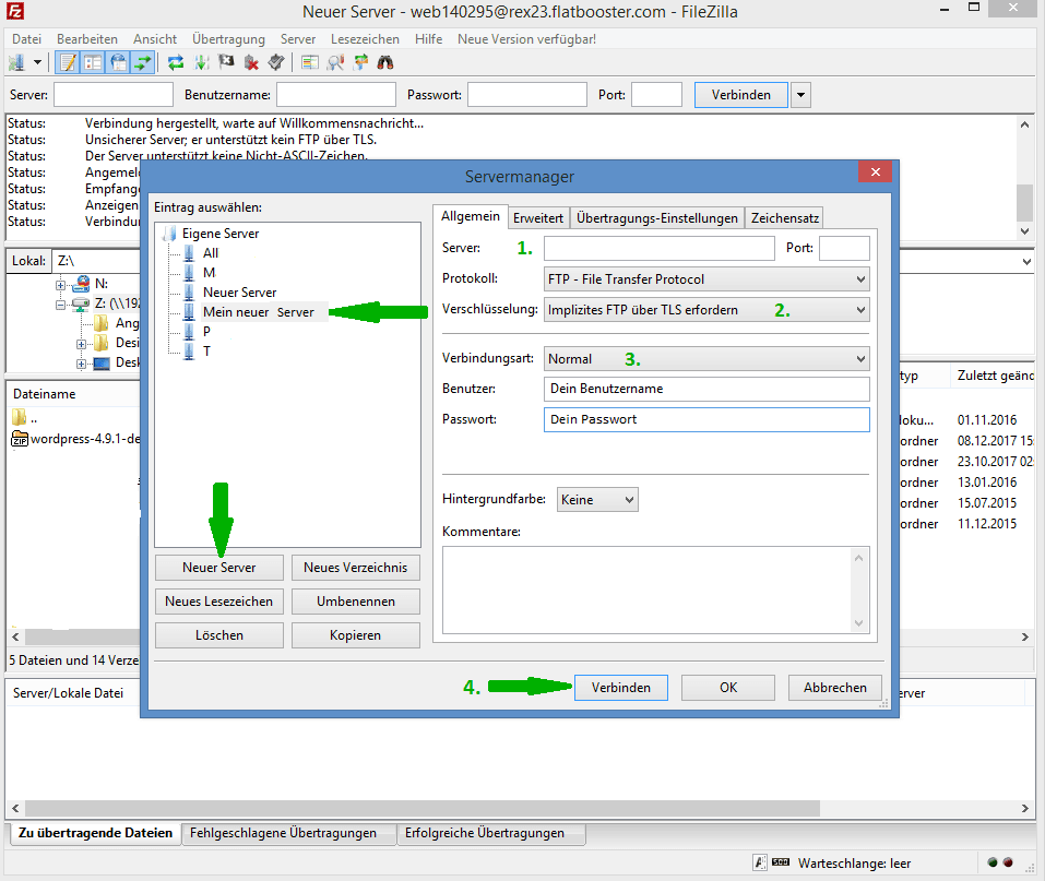 Neuen Server in FileZilla einrichten