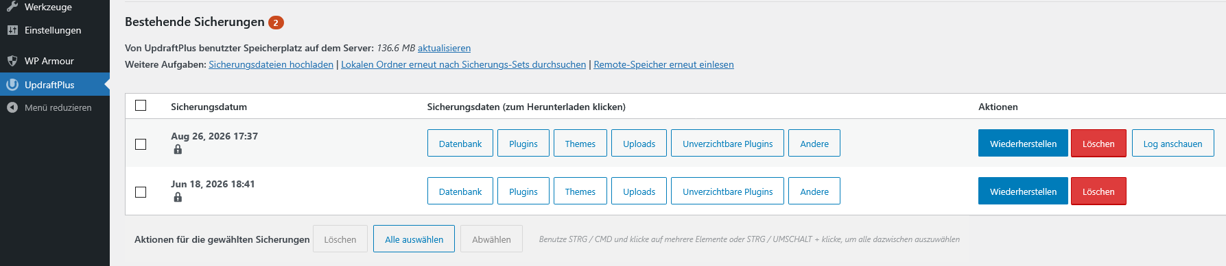 UpdraftPlus bestehende Sicherungen