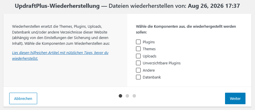 WordPress Backup wiederherstellen - Bestandteile Auswählen