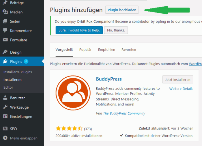 WordPress Plugins installieren-Hochladen eines externen Plugins