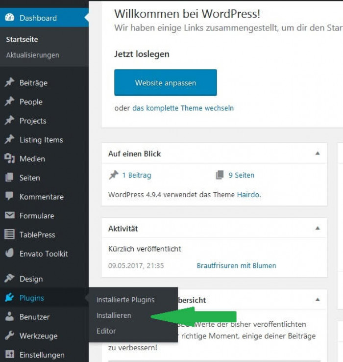WordPress Plugins installieren - Schritt1